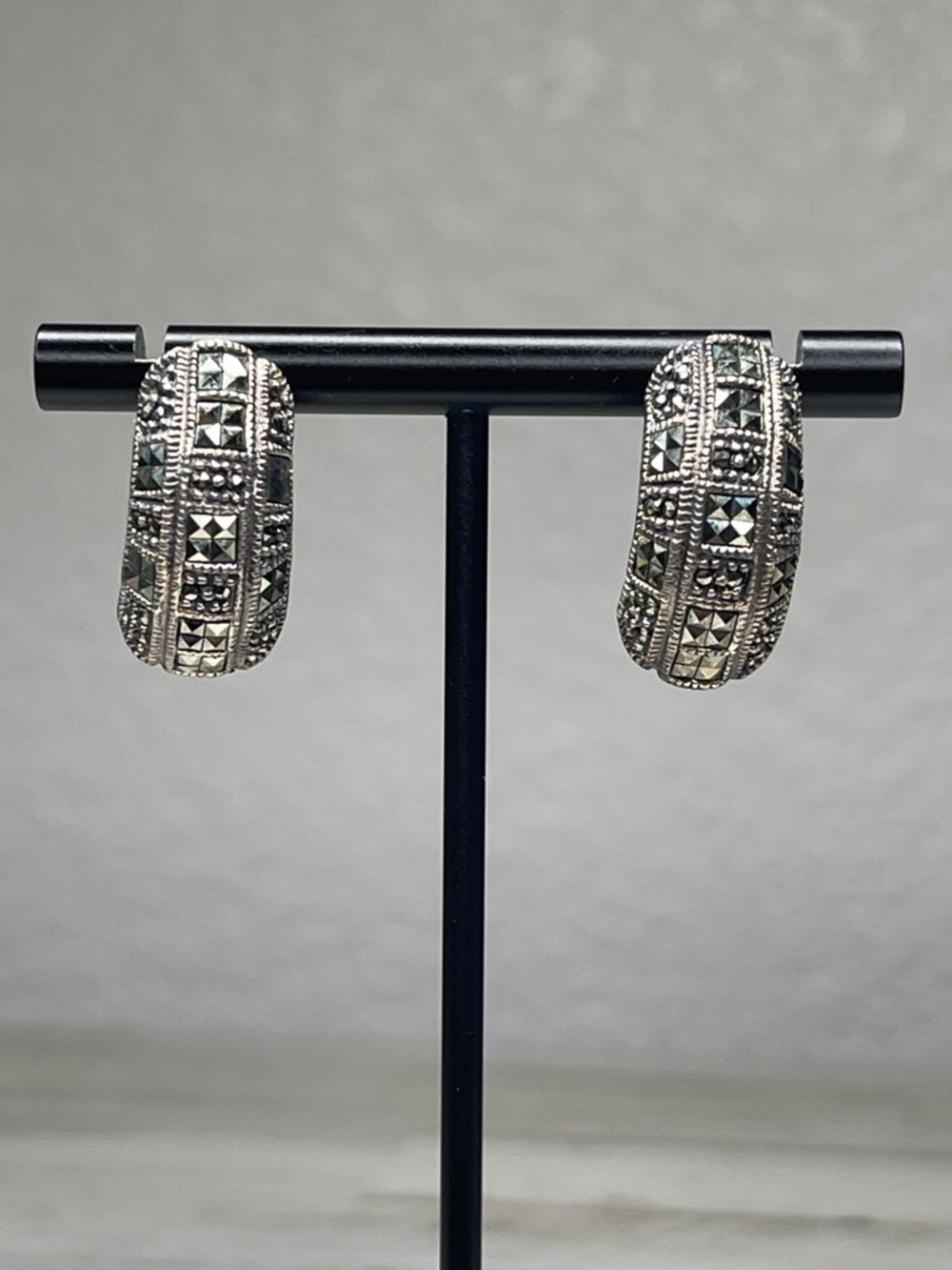 Vintage Sterling Silver Marcasite Half Hoop Statement Earrings